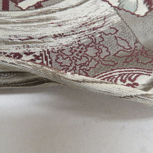 画像をギャラリービューアに読み込む, 名古屋帯 アンティーク帯 扇子に花鳥文様 全通柄 絹 グレーｘエンジ色ｘくすみピンク色 昔帯 レトロモダン 明治・大正ロマン 長さ350cm