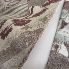 画像をギャラリービューアに読み込む, 名古屋帯 アンティーク帯 扇子に花鳥文様 全通柄 絹 グレーｘエンジ色ｘくすみピンク色 昔帯 レトロモダン 明治・大正ロマン 長さ350cm