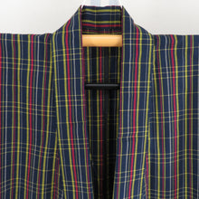 画像をギャラリービューアに読み込む, ウール着物 単衣 紺色ｘ赤色ｘ黄色 格子模様 バチ衿 カジュアルきもの 普段着物 仕立て上がり ウールきもの 和洋ミックス 身丈155cm