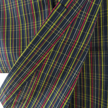 画像をギャラリービューアに読み込む, ウール着物 単衣 紺色ｘ赤色ｘ黄色 格子模様 バチ衿 カジュアルきもの 普段着物 仕立て上がり ウールきもの 和洋ミックス 身丈155cm