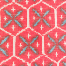 画像をギャラリービューアに読み込む, ウール着物 ウール 単衣 赤色ｘ白色ｘ水色 亀甲絣模様 バチ衿 カジュアルきもの 普段着物 仕立て上がり 身丈159cm