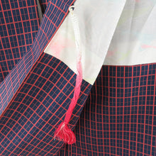 画像をギャラリービューアに読み込む, 紬 着物 アンサンブル 羽織付 格子模様 袷 広衿 紺色ｘ赤色 正絹 カジュアル 仕立て上がり 身丈160.5cm