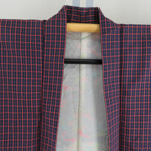 画像をギャラリービューアに読み込む, 紬 着物 アンサンブル 羽織付 格子模様 袷 広衿 紺色ｘ赤色 正絹 カジュアル 仕立て上がり 身丈160.5cm