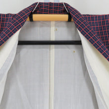 画像をギャラリービューアに読み込む, 紬 着物 アンサンブル 羽織付 格子模様 袷 広衿 紺色ｘ赤色 正絹 カジュアル 仕立て上がり 身丈160.5cm
