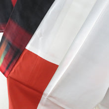 画像をギャラリービューアに読み込む, 紬 着物 アンサンブル 羽織付 縦縞模様 袷 バチ衿 黒色ｘ赤色ｘ黄緑色 ぼかし カラフル 正絹 カジュアル 仕立て上がり 身丈165cm