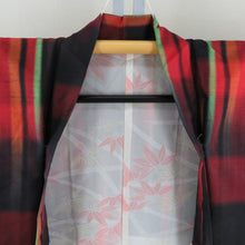 画像をギャラリービューアに読み込む, 紬 着物 アンサンブル 羽織付 縦縞模様 袷 バチ衿 黒色ｘ赤色ｘ黄緑色 ぼかし カラフル 正絹 カジュアル 仕立て上がり 身丈165cm
