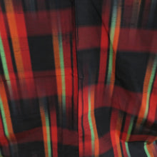 画像をギャラリービューアに読み込む, 紬 着物 アンサンブル 羽織付 縦縞模様 袷 バチ衿 黒色ｘ赤色ｘ黄緑色 ぼかし カラフル 正絹 カジュアル 仕立て上がり 身丈165cm
