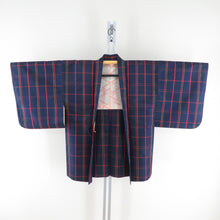 Load image into Gallery viewer, 紬 着物 アンサンブル 羽織付 格子模様 袷 バチ衿 紺色ｘ赤色ｘ黄色 正絹 カジュアル 仕立て上がり 身丈158cm