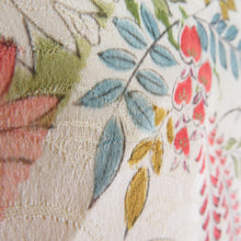 Load image into Gallery viewer, 小紋 袷 クリームイエローｘ黄緑ｘ多色 季節の花々に蝶々模様 青海波地紋 正絹 バチ衿 仕立て上がり着物 カジュアル 普段着物 和洋ミックス 身丈163cm