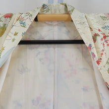 Load image into Gallery viewer, 小紋 袷 クリームイエローｘ黄緑ｘ多色 季節の花々に蝶々模様 青海波地紋 正絹 バチ衿 仕立て上がり着物 カジュアル 普段着物 和洋ミックス 身丈163cm
