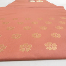 画像をギャラリービューアに読み込む, 西陣織 にしじんおり 名古屋帯 パウダーピンク色ｘ金色 金糸 正絹 お太鼓柄 丸に花鳥と桜紋様 証紙付き 仕立て上がり 着物帯 長さ360cm