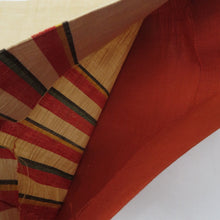 Load image into Gallery viewer, 名古屋帯 正絹 紬 ベージュ色ｘ赤色ｘ多色 縦縞紋様 全通柄 未仕立て 着物帯 長さ356cm