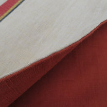 Load image into Gallery viewer, 名古屋帯 正絹 紬 ベージュ色ｘ赤色ｘ多色 縦縞紋様 全通柄 未仕立て 着物帯 長さ356cm