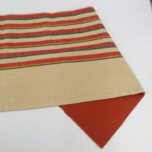 Load image into Gallery viewer, 名古屋帯 正絹 紬 ベージュ色ｘ赤色ｘ多色 縦縞紋様 全通柄 未仕立て 着物帯 長さ356cm