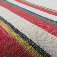 Load image into Gallery viewer, 名古屋帯 正絹 紬 ベージュ色ｘ赤色ｘ多色 縦縞紋様 全通柄 未仕立て 着物帯 長さ356cm
