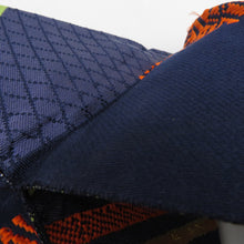 画像をギャラリービューアに読み込む, 名古屋帯 正絹 八寸帯 紺色ｘオレンジ色ｘ黄緑色 ジグザグ模様 献上柄 名古屋仕立て 全通柄 仕立て上がり 着物帯