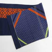 画像をギャラリービューアに読み込む, 名古屋帯 正絹 八寸帯 紺色ｘオレンジ色ｘ黄緑色 ジグザグ模様 献上柄 名古屋仕立て 全通柄 仕立て上がり 着物帯