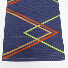 画像をギャラリービューアに読み込む, 名古屋帯 正絹 八寸帯 紺色ｘオレンジ色ｘ黄緑色 ジグザグ模様 献上柄 名古屋仕立て 全通柄 仕立て上がり 着物帯