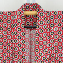 画像をギャラリービューアに読み込む, ウール着物 アンサンブル 着物と羽織2点セット 単衣 赤色ｘ黄色ｘ黒色 亀甲に小花模様 バチ衿 カジュアルきもの 普段着物 仕立て上がり 身丈148cm