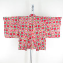 画像をギャラリービューアに読み込む, ウール着物 アンサンブル 着物と羽織2点セット 単衣 赤色ｘ黄色ｘ黒色 亀甲に小花模様 バチ衿 カジュアルきもの 普段着物 仕立て上がり 身丈148cm