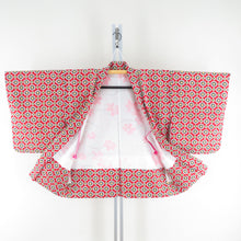 画像をギャラリービューアに読み込む, ウール着物 アンサンブル 着物と羽織2点セット 単衣 赤色ｘ黄色ｘ黒色 亀甲に小花模様 バチ衿 カジュアルきもの 普段着物 仕立て上がり 身丈148cm