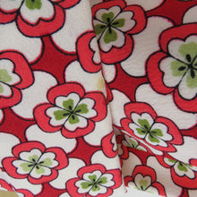 画像をギャラリービューアに読み込む, ウール着物 アンサンブル 着物と羽織2点セット 単衣 赤色ｘ白色x黄緑 小花模様 バチ衿 カジュアルきもの 普段着物 仕立て上がり 身丈156cm