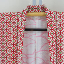 画像をギャラリービューアに読み込む, ウール着物 アンサンブル 着物と羽織2点セット 単衣 赤色ｘ白色x黄緑 小花模様 バチ衿 カジュアルきもの 普段着物 仕立て上がり 身丈156cm