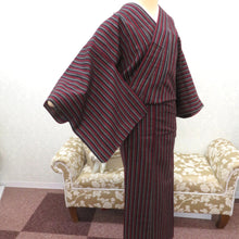Load image into Gallery viewer, ウール着物 単衣 グレー×紺赤白緑ピンク 縞柄 バチ衿 カジュアルきもの 普段着物 仕立て上がり ウールきもの 和洋ミックス