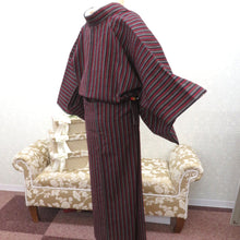 Load image into Gallery viewer, ウール着物 単衣 グレー×紺赤白緑ピンク 縞柄 バチ衿 カジュアルきもの 普段着物 仕立て上がり ウールきもの 和洋ミックス