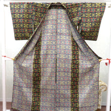 画像をギャラリービューアに読み込む, ウール着物 単衣 紺×多色 花モチーフ柄 バチ衿 カジュアルきもの 普段着物 仕立て上がり ウールきもの 和洋ミックス