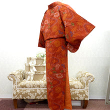 画像をギャラリービューアに読み込む, ウール着物 単衣 茶×多色 花蝶柄 バチ衿 カジュアルきもの 普段着物 仕立て上がり ウールきもの 和洋ミックス 身丈162.6cm
