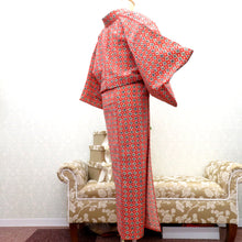 画像をギャラリービューアに読み込む, ウール着物 単衣 オレンジ×白紺黄緑 菱花渦柄 バチ衿 カジュアルきもの 普段着物 仕立て上がり ウールきもの 和洋ミックス 身丈153.5cm