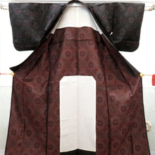 画像をギャラリービューアに読み込む, ウール着物 単衣 黒×白茶赤 花デザイン柄 バチ衿 カジュアルきもの 普段着物 仕立て上がり ウールきもの 和洋ミックス 身丈149.4cm