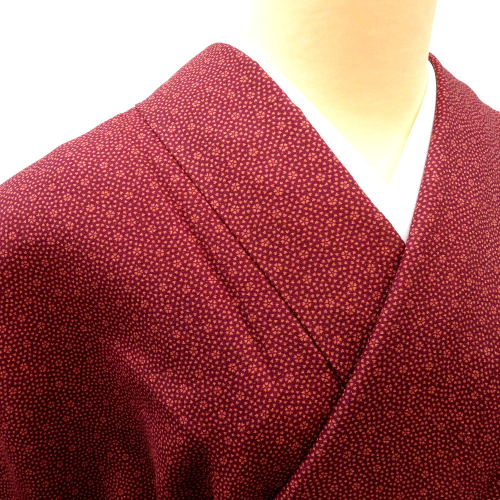 小紋 袷 茶×オレンジ 小花柄 洗える着物 広衿 仕立て上がり ポリエステル着物 大きめサイズ 身丈166.8cm【中古】 小紋 袷 茶×オレンジ 小花柄 洗える着物 広衿 仕立て上がり