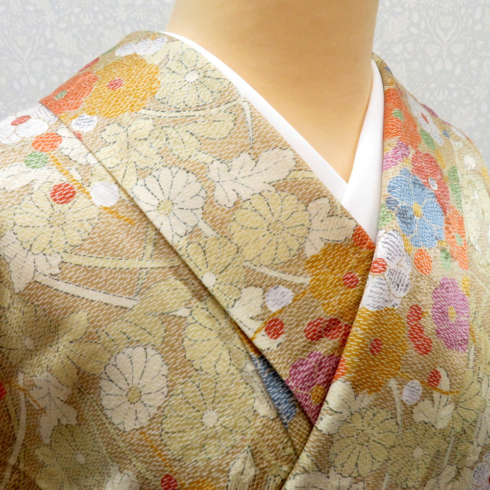 小紋 袷 薄茶x多色 花々模様 正絹 広衿 仕立て上がり着物 身丈163.7cm 