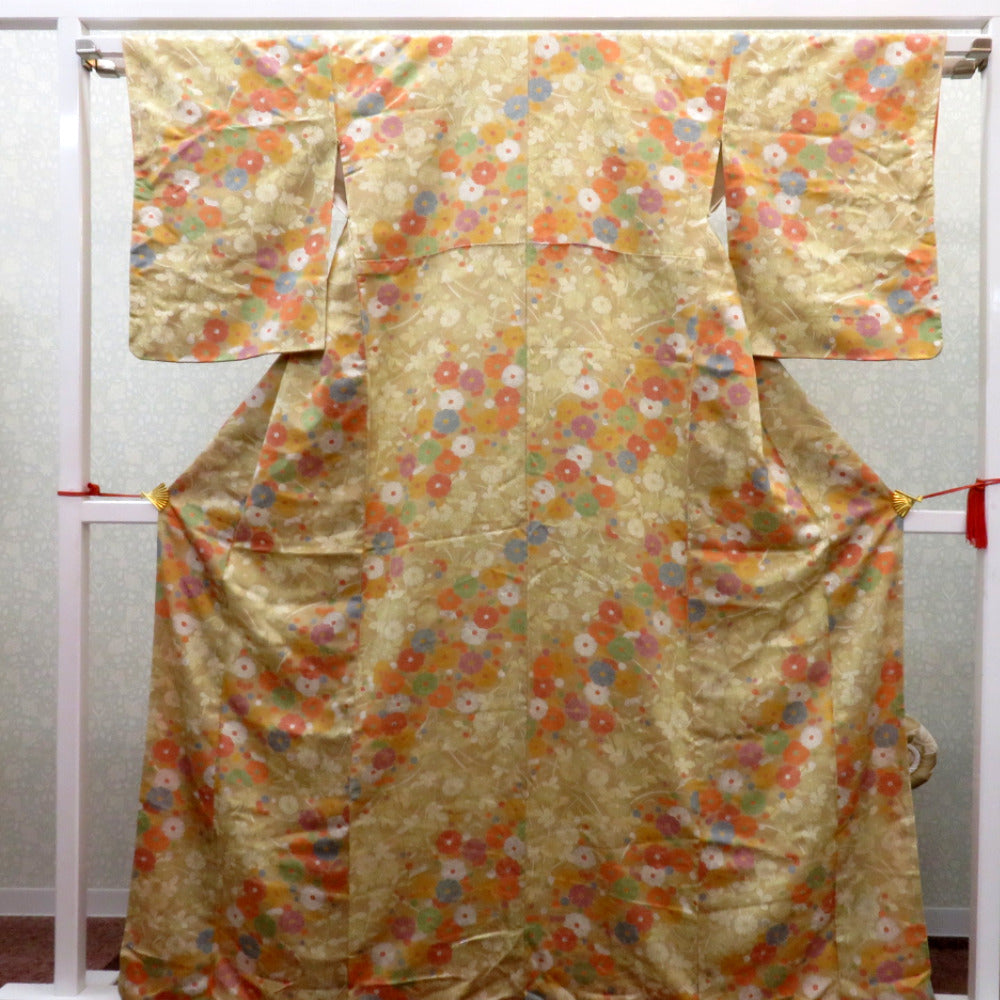 小紋 袷 薄茶x多色 花々模様 正絹 広衿 仕立て上がり着物 身丈163.7cm 