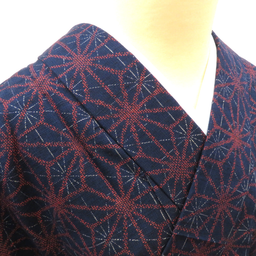 紬 着物 単衣 紺×赤白 麻の葉文様 バチ衿 正絹 カジュアル 仕立て