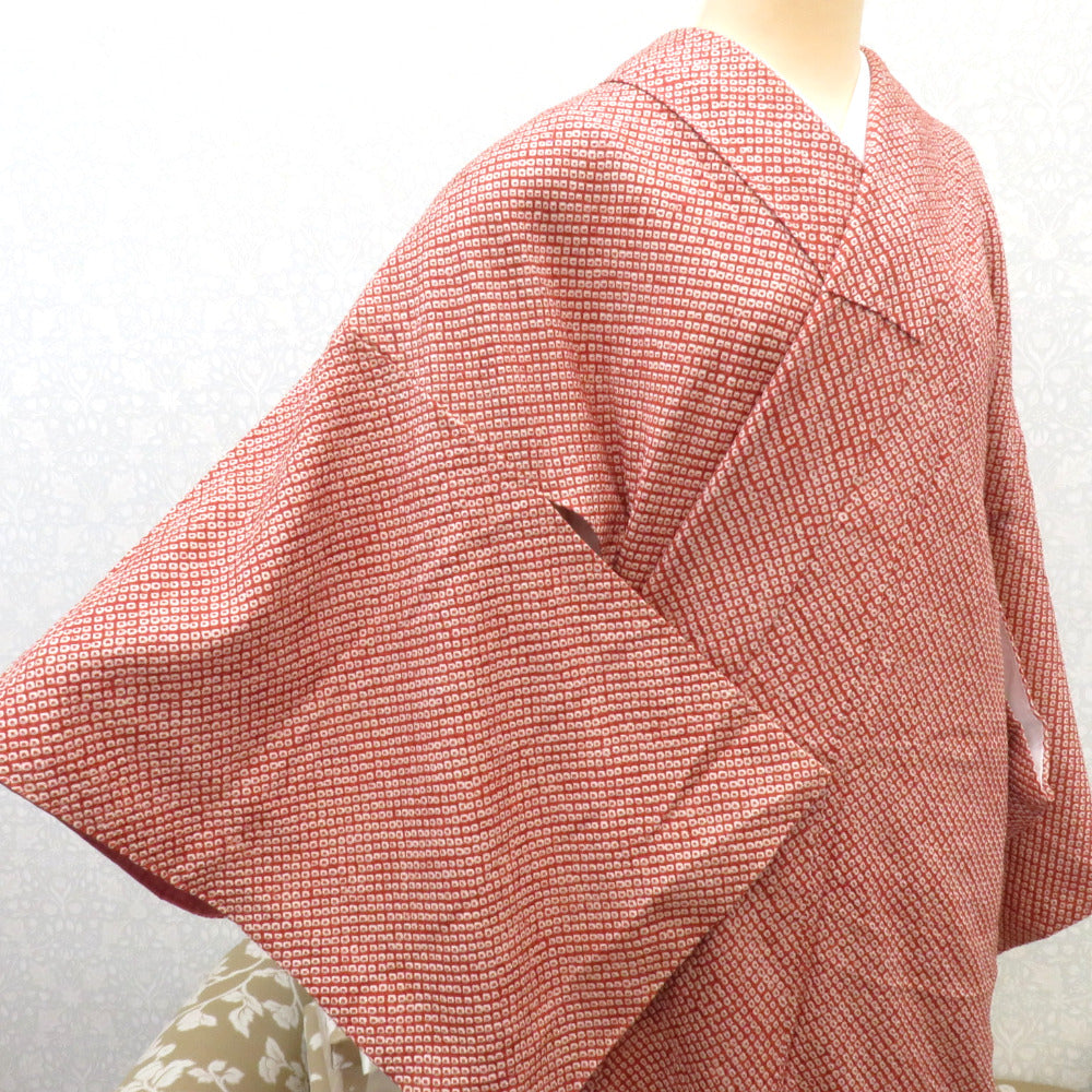 小紋 袷 茶×白 絞り模様 総絞り 正絹 広衿 仕立て上がり着物 身丈161.1