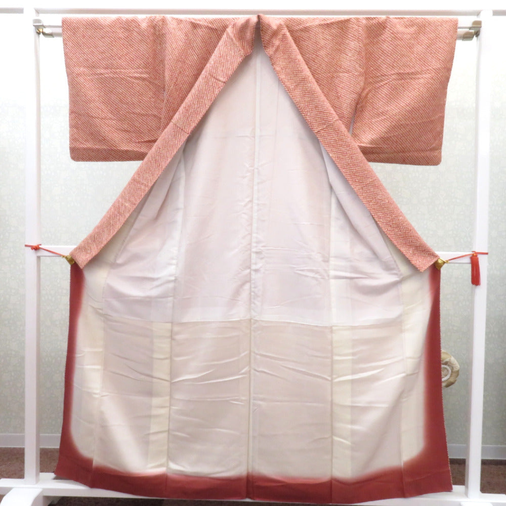 小紋 袷 茶×白 絞り模様 総絞り 正絹 広衿 仕立て上がり着物 身丈161.1 