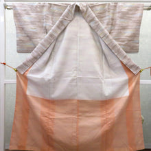 画像をギャラリービューアに読み込む, 小紋 袷 薄茶×水色×金茶×白 流線 幾何学 エ霞柄 洗える着物 広衿 仕立て上がり ポリエステル着物 身丈152cm