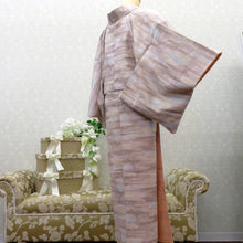 画像をギャラリービューアに読み込む, 小紋 袷 薄茶×水色×金茶×白 流線 幾何学 エ霞柄 洗える着物 広衿 仕立て上がり ポリエステル着物 身丈152cm