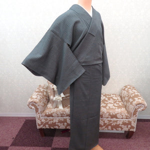小紋 袷 紺x白 点・格子調模様 正絹 広衿 仕立て上がり着物 小紋 袷 紺x白 点・格子調模様 正絹 広衿 仕立て上がり着物