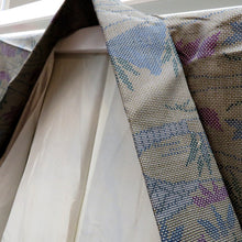 画像をギャラリービューアに読み込む, 紬 着物 袷 茶白黒ミックス×青紫緑 植物風景柄 バチ衿 正絹 カジュアル 仕立て上がり着物 紬きもの 和洋ミックス 身丈151.2cm