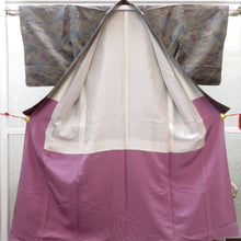 画像をギャラリービューアに読み込む, 紬 着物 袷 茶白黒ミックス×青紫緑 植物風景柄 バチ衿 正絹 カジュアル 仕立て上がり着物 紬きもの 和洋ミックス 身丈151.2cm