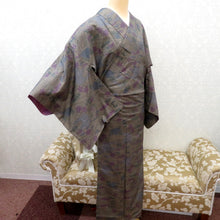 画像をギャラリービューアに読み込む, 紬 着物 袷 茶白黒ミックス×青紫緑 植物風景柄 バチ衿 正絹 カジュアル 仕立て上がり着物 紬きもの 和洋ミックス 身丈151.2cm