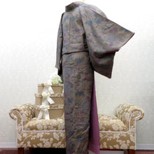 画像をギャラリービューアに読み込む, 紬 着物 袷 茶白黒ミックス×青紫緑 植物風景柄 バチ衿 正絹 カジュアル 仕立て上がり着物 紬きもの 和洋ミックス 身丈151.2cm