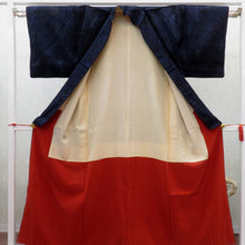 画像をギャラリービューアに読み込む, 紬 着物 袷 紺青ミックス×青ピンク緑 幾何学調柄 広衿 正絹 カジュアル 仕立て上がり着物 紬きもの 和洋ミックス 身丈157.7cm