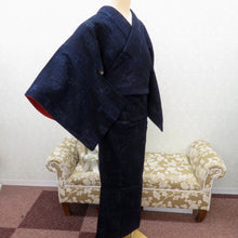 画像をギャラリービューアに読み込む, 紬 着物 袷 紺青ミックス×青ピンク緑 幾何学調柄 広衿 正絹 カジュアル 仕立て上がり着物 紬きもの 和洋ミックス 身丈157.7cm