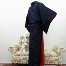 画像をギャラリービューアに読み込む, 紬 着物 袷 紺青ミックス×青ピンク緑 幾何学調柄 広衿 正絹 カジュアル 仕立て上がり着物 紬きもの 和洋ミックス 身丈157.7cm