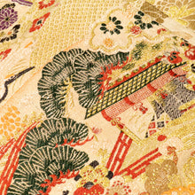 Load image into Gallery viewer, 丸帯 アンティーク帯 昔丸帯 絹 ベージュ×多色 風景・飛鶴文様 全通柄 昔帯 レトロモダン 明治・大正ロマン 長さ408.8cm